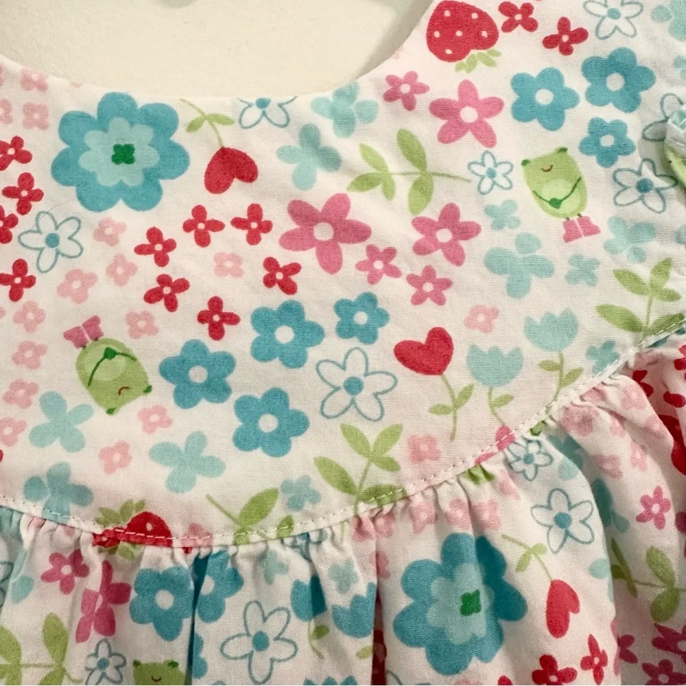 Carter's Green Pink and Blue Pleated Sundress with Frogs and Strawberry Hearts